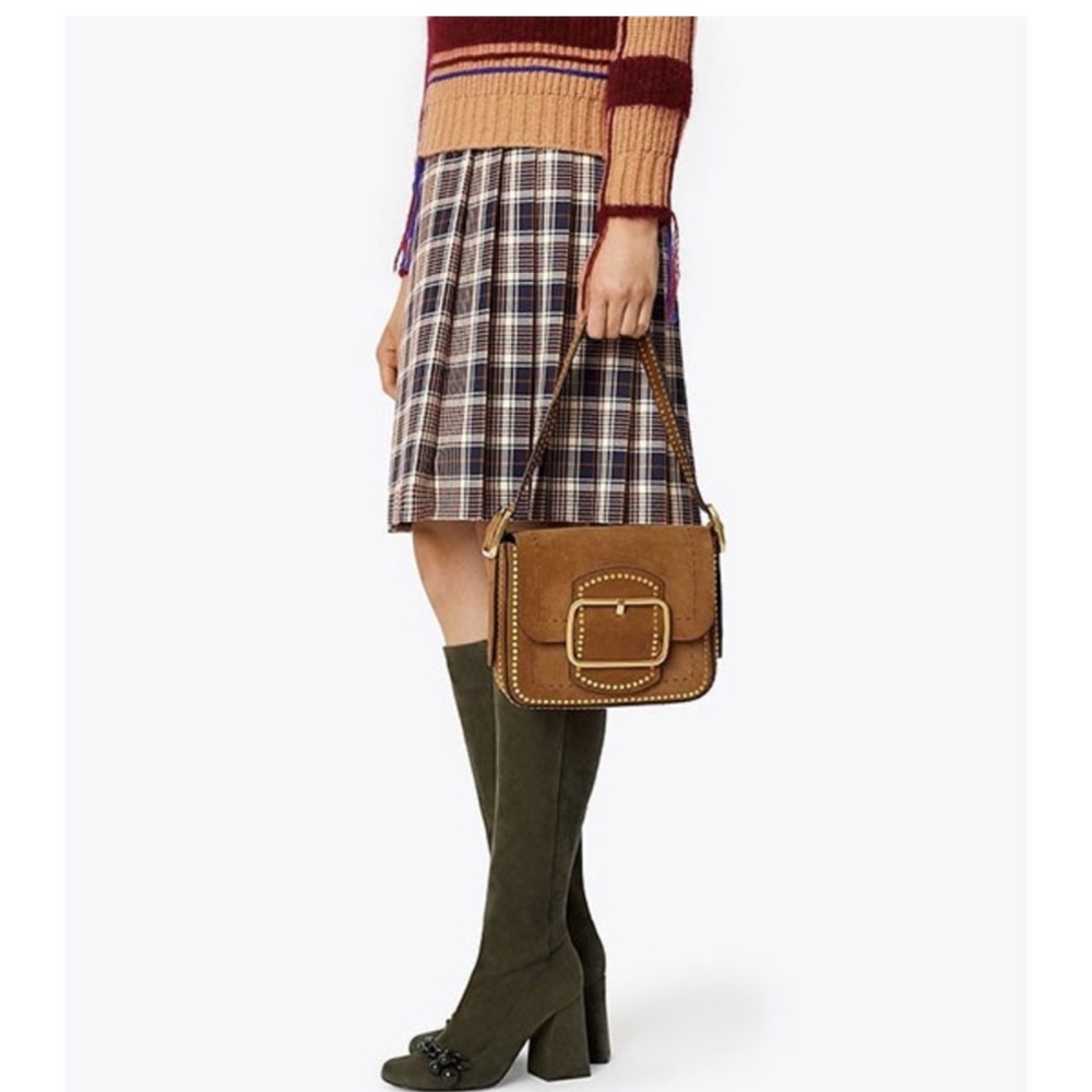Tory Burch Addison Suede Olive Square Heeled Knee-high Boots with Chain 10.5M - Picture 2 of 15